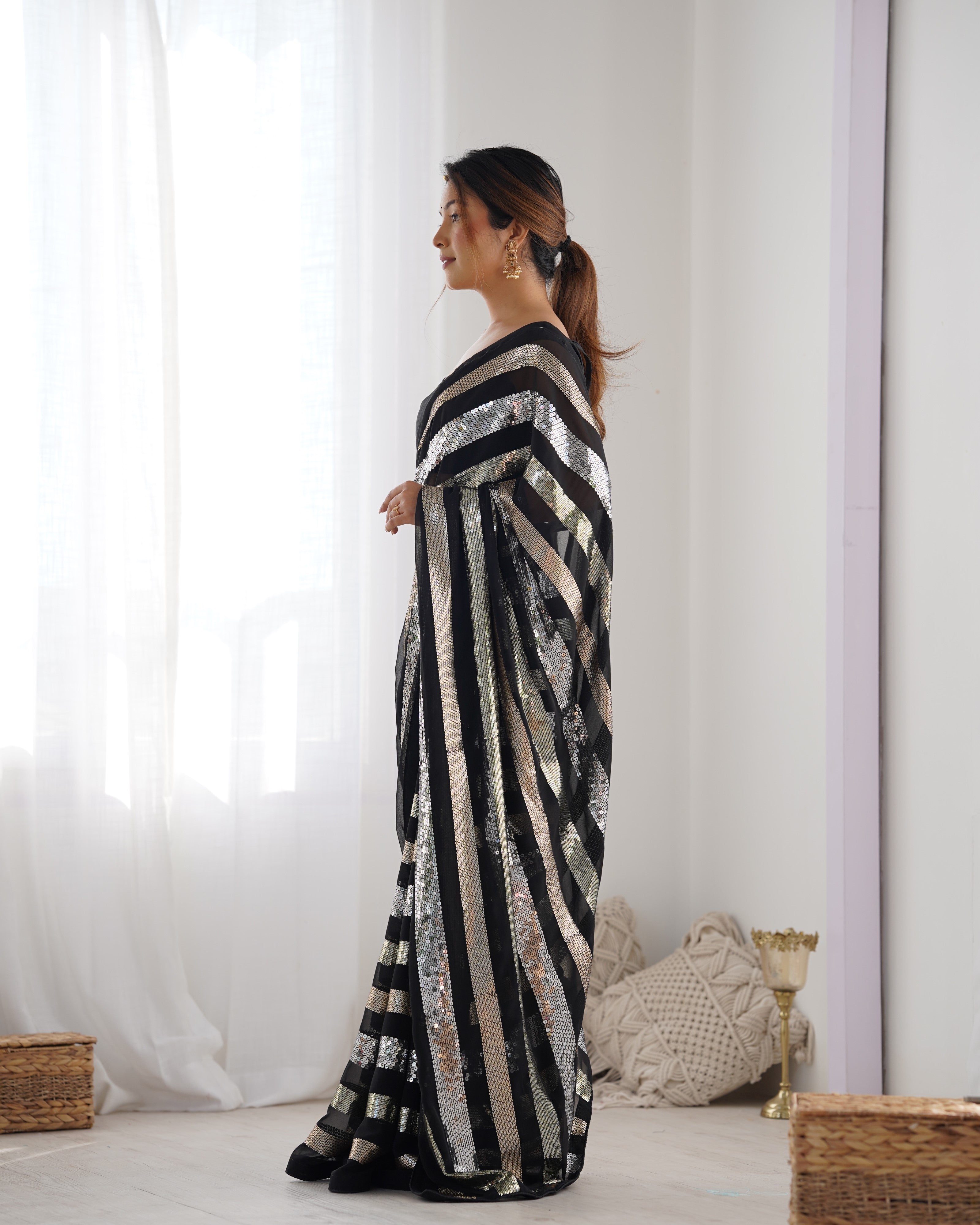 Jyoti Fashion Women's Black Georgette Sequins Designer Saree with Blouse - Distacart