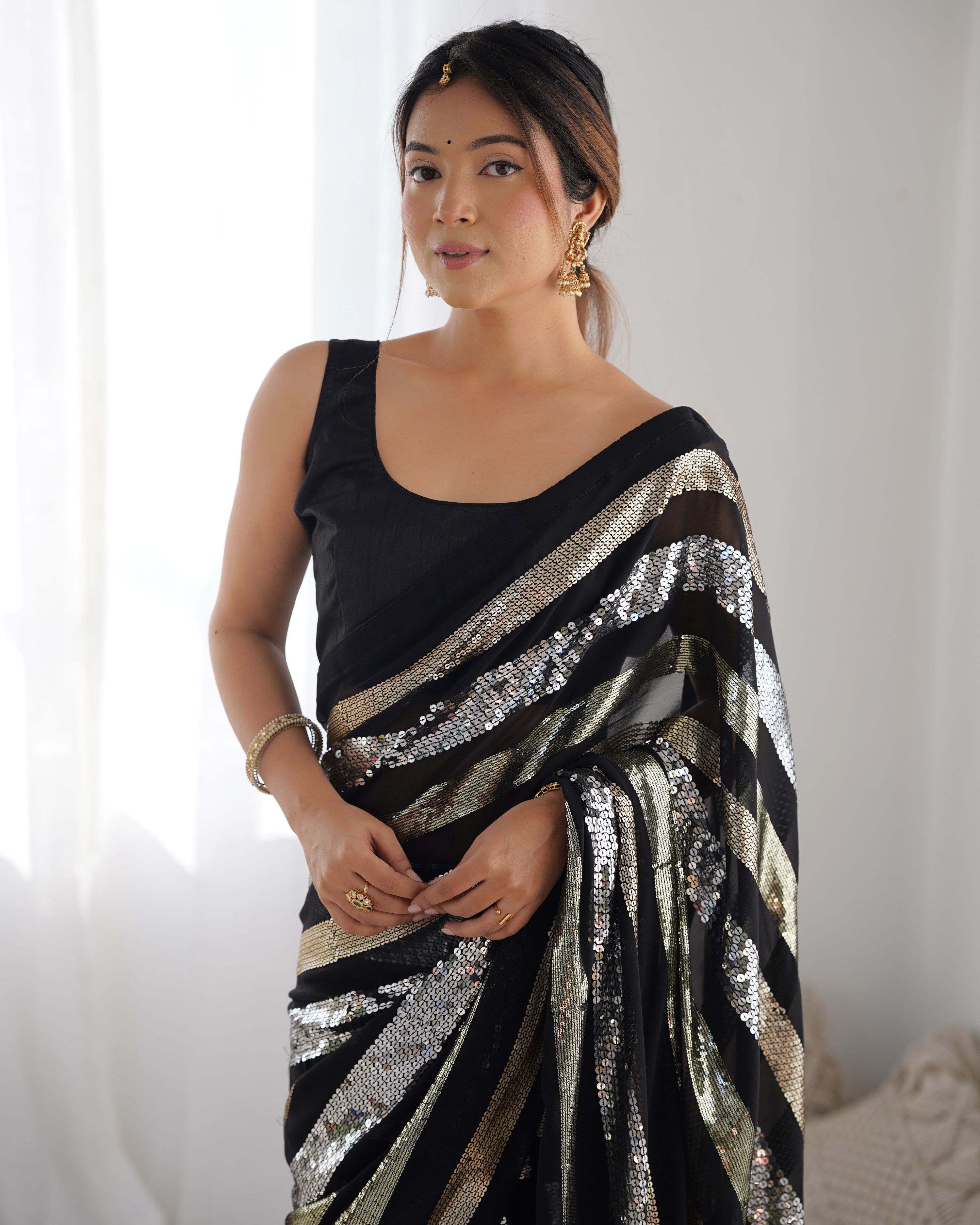 Jyoti Fashion Women's Black Georgette Sequins Designer Saree with Blouse - Distacart