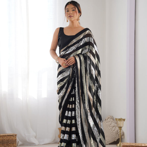 Jyoti Fashion Women's Black Georgette Sequins Designer Saree with Blouse - Distacart