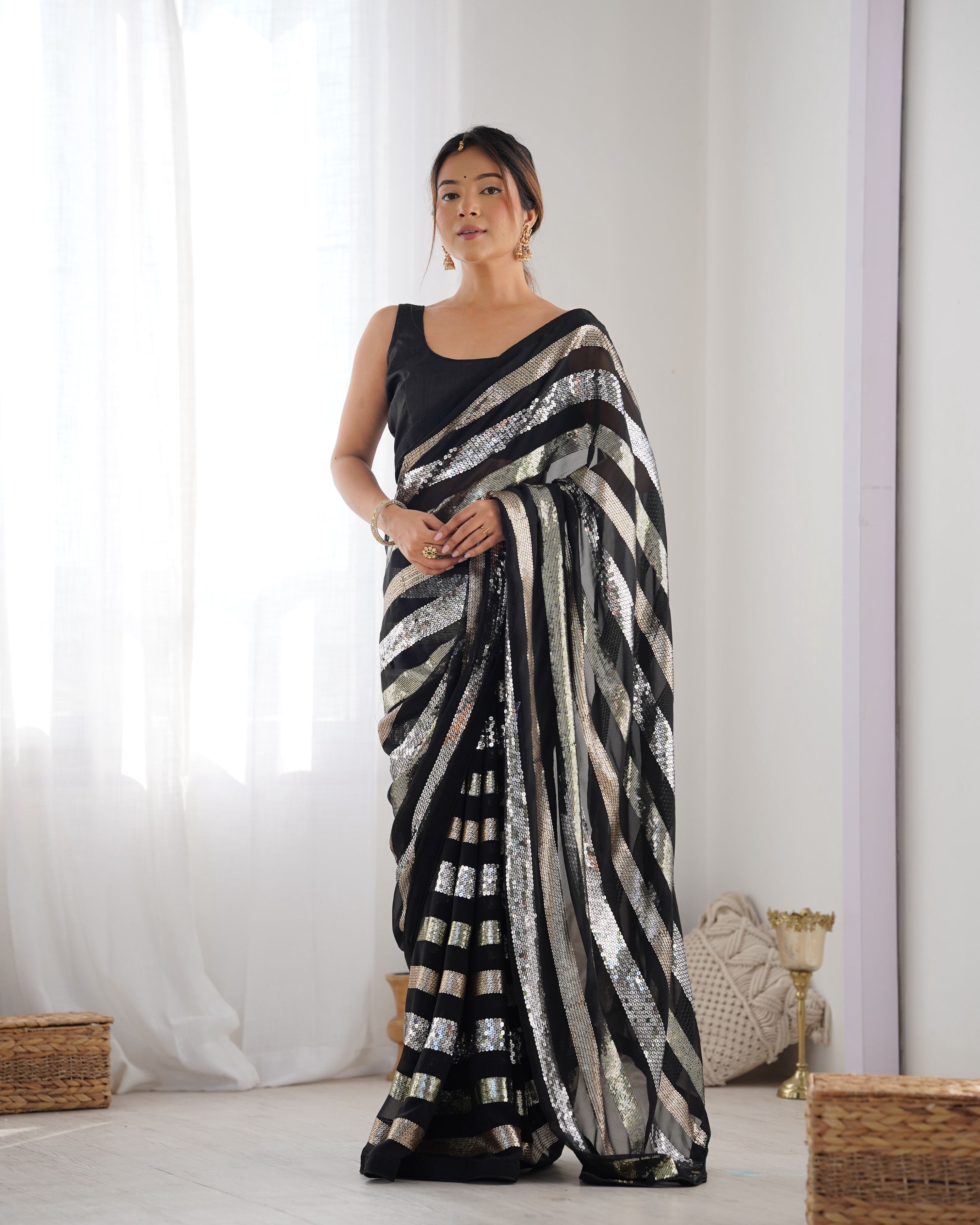 Jyoti Fashion Women's Black Georgette Sequins Designer Saree with Blouse - Distacart