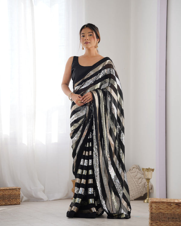 Jyoti Fashion Women's Black Georgette Sequins Designer Saree with Blouse - Distacart