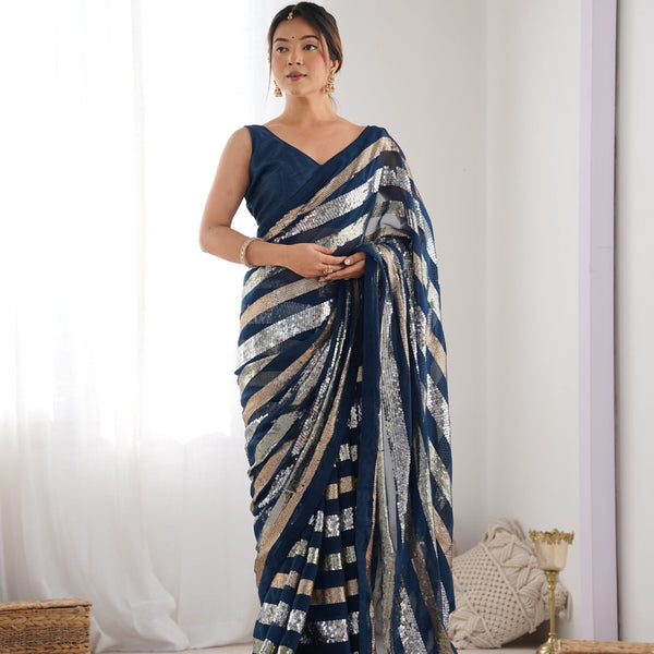 Jyoti Fashion Women's Teal Georgette Sequins Designer Saree with Blouse - Distacart