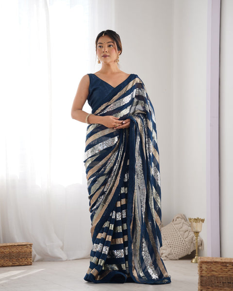 Jyoti Fashion Women's Teal Georgette Sequins Designer Saree with Blouse - Distacart