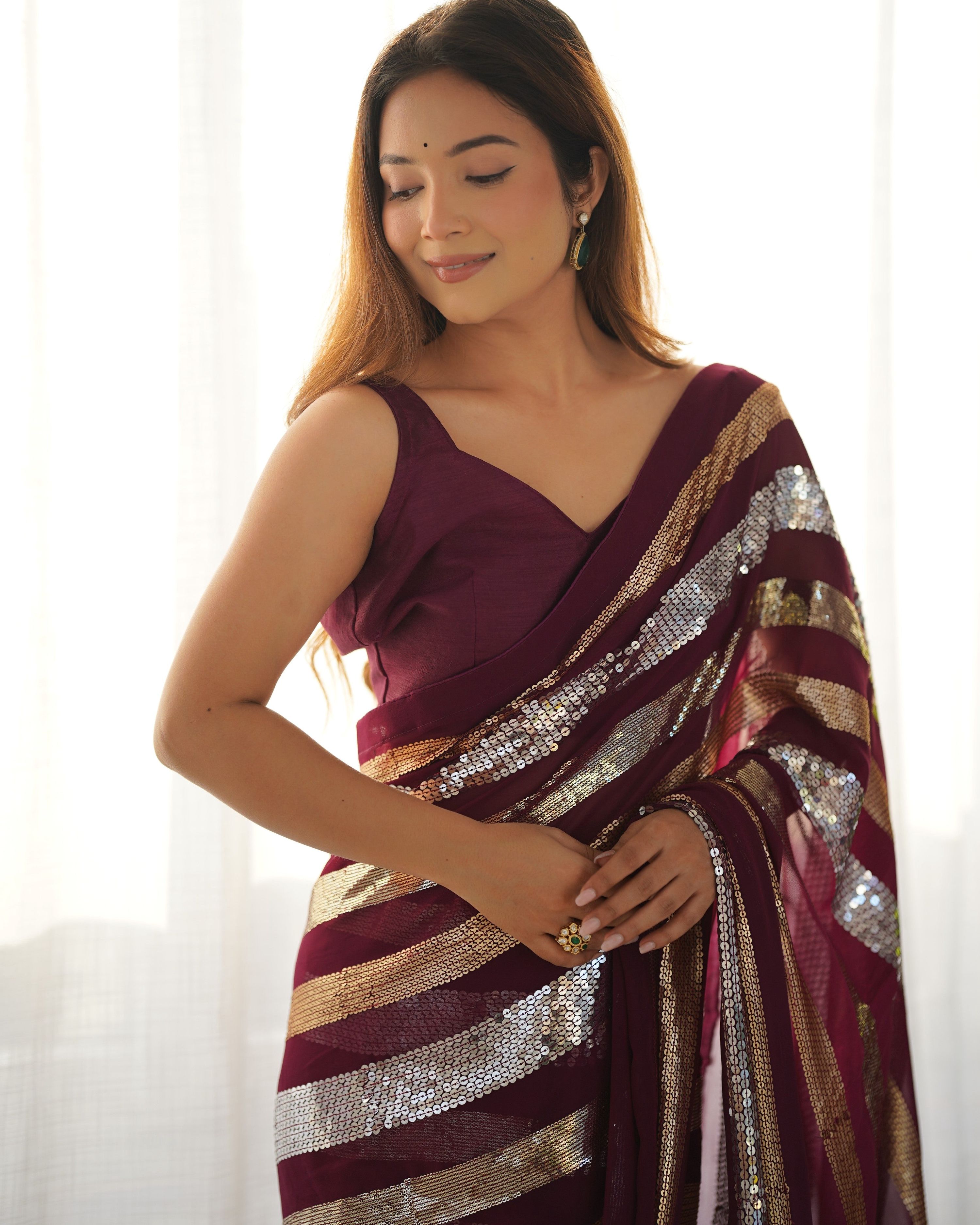 Jyoti Fashion Women's Wine Georgette Sequins Designer Saree with Blouse - Distacart