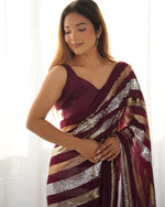 Thumbnail for Jyoti Fashion Women's Wine Georgette Sequins Designer Saree with Blouse - Distacart