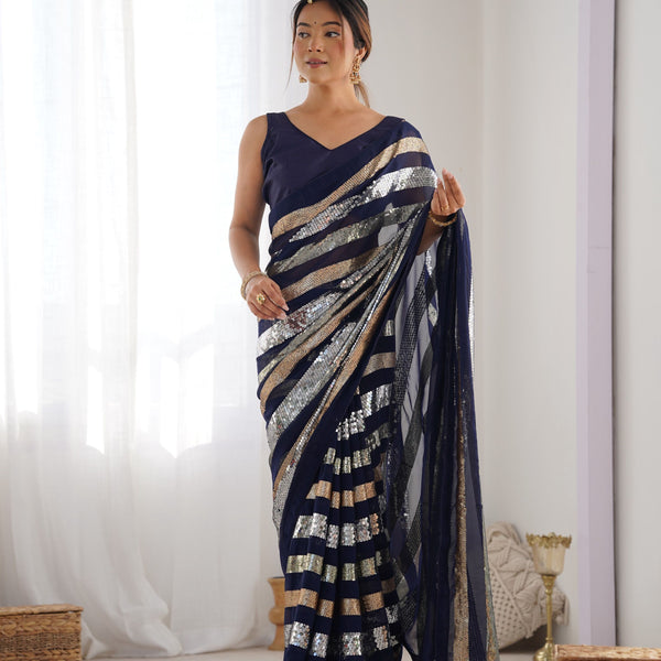 Jyoti Fashion Women's Navy Blue Georgette Sequins Designer Saree with Blouse - Distacart