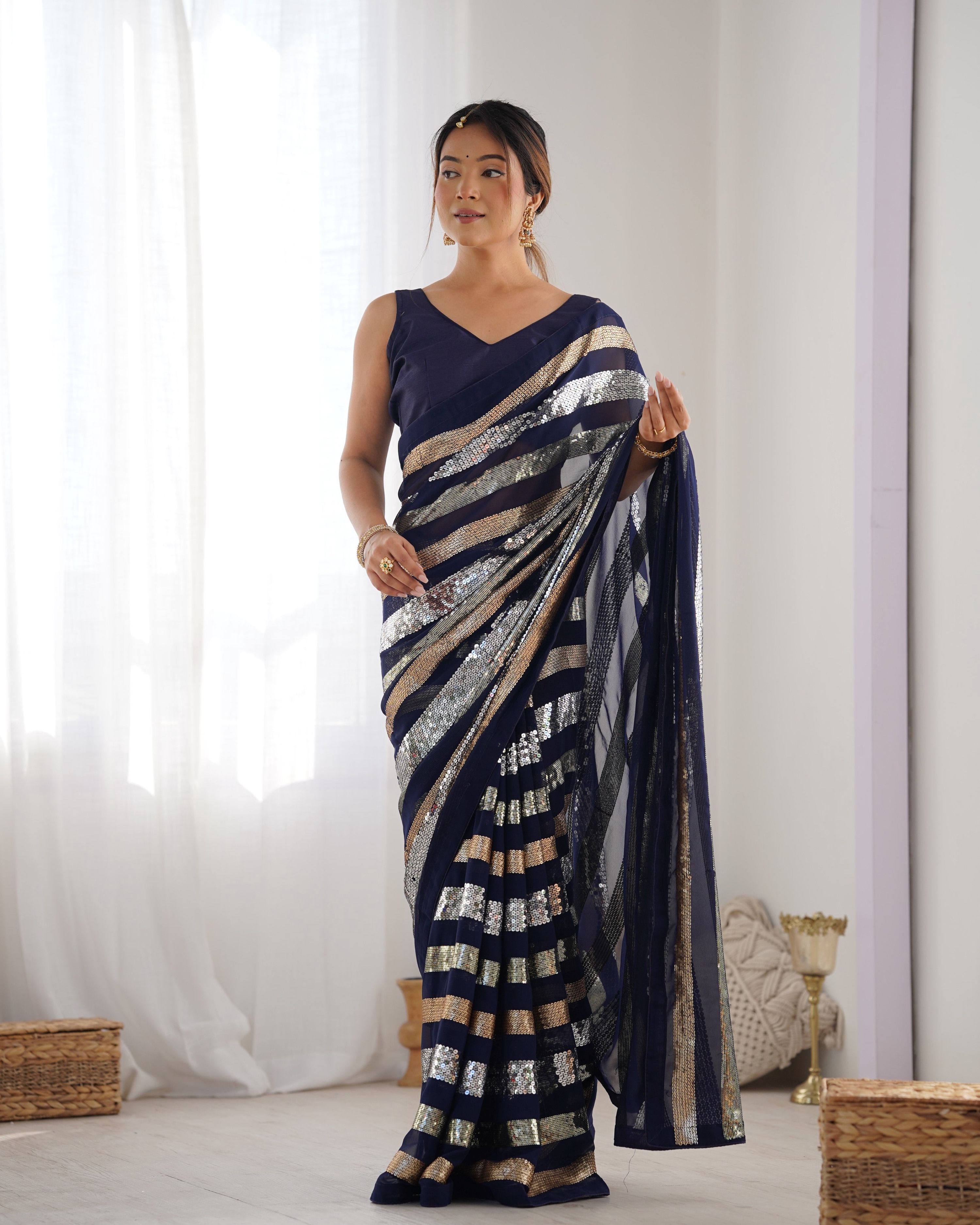 Jyoti Fashion Women's Navy Blue Georgette Sequins Designer Saree with Blouse - Distacart