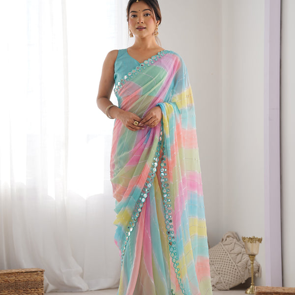 Jyoti Fashion Women's Multicolor Georgette Print with Mirror Work Designer Saree with Blouse - Distacart