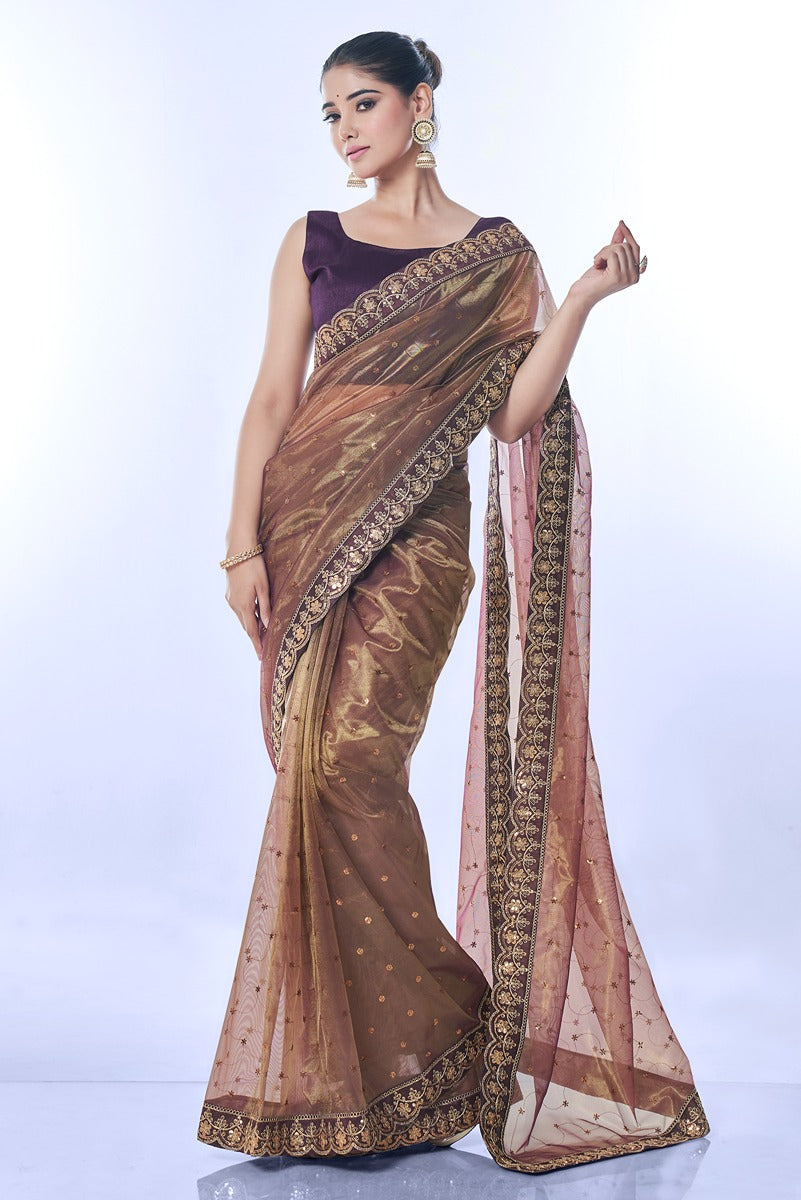 Jyoti Fashion Women's Brown Net Sequins Embroidered Designer Saree with Blouse - Distacart