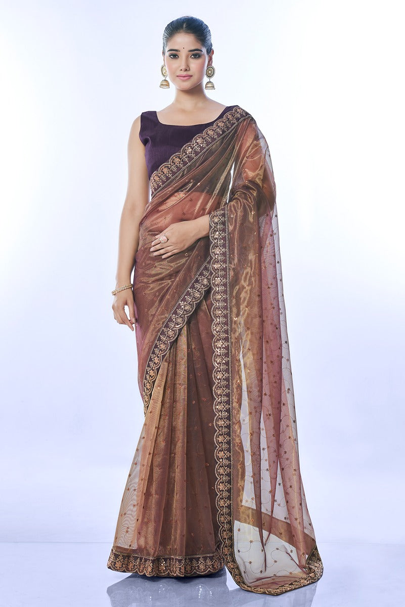 Jyoti Fashion Women's Brown Net Sequins Embroidered Designer Saree with Blouse - Distacart