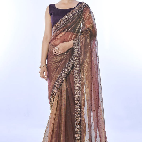 Jyoti Fashion Women's Brown Net Sequins Embroidered Designer Saree with Blouse - Distacart