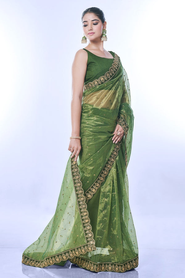 Jyoti Fashion Women's Green Net Sequins Embroidered Designer Saree with Blouse - Distacart