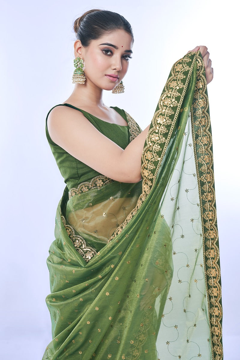 Jyoti Fashion Women's Green Net Sequins Embroidered Designer Saree with Blouse - Distacart