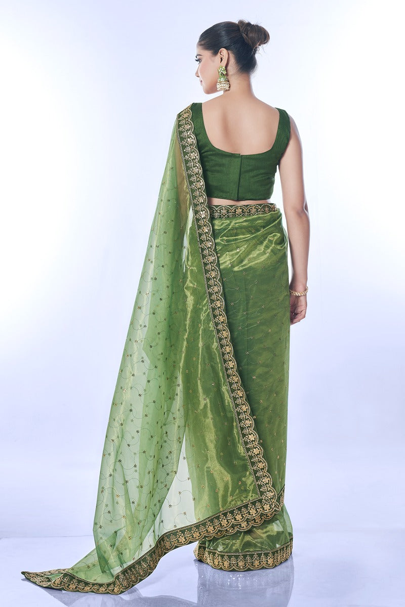 Jyoti Fashion Women's Green Net Sequins Embroidered Designer Saree with Blouse - Distacart
