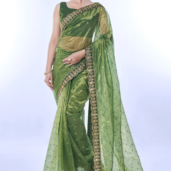 Jyoti Fashion Women's Green Net Sequins Embroidered Designer Saree with Blouse - Distacart