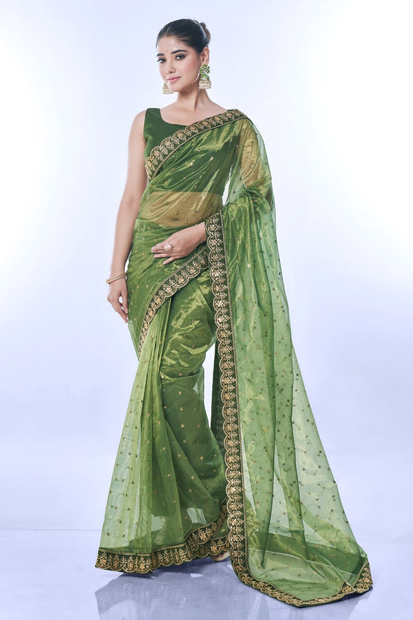 Jyoti Fashion Women's Green Net Sequins Embroidered Designer Saree with Blouse - Distacart