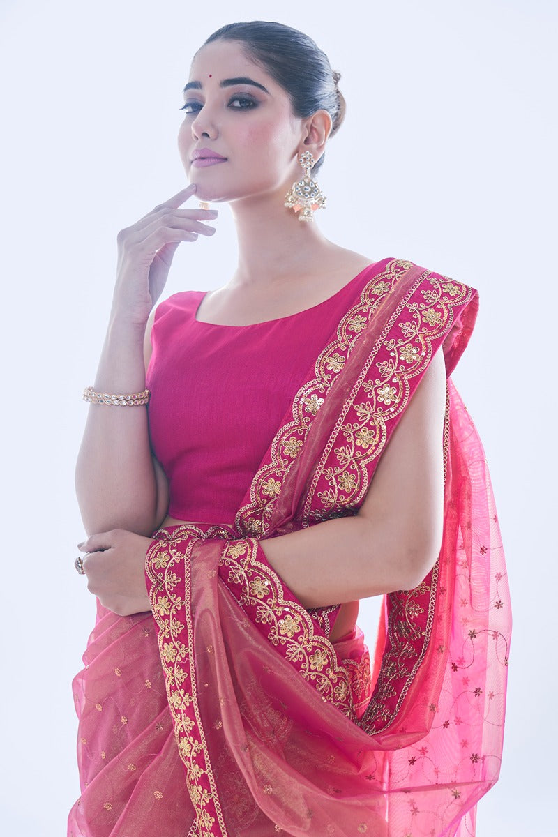 Jyoti Fashion Women's Pink Net Sequins Embroidered Designer Saree with Blouse - Distacart