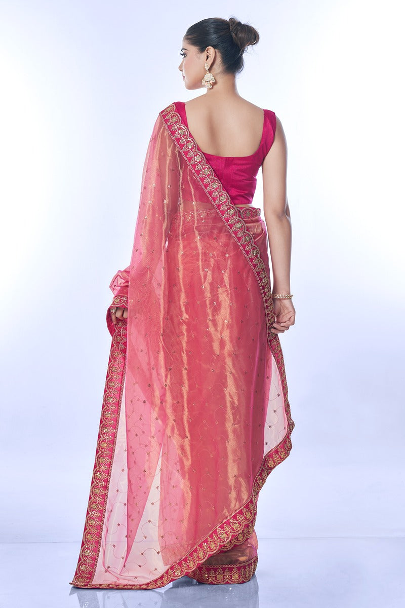Jyoti Fashion Women's Pink Net Sequins Embroidered Designer Saree with Blouse - Distacart
