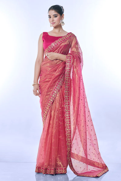Jyoti Fashion Women's Pink Net Sequins Embroidered Designer Saree with Blouse - Distacart