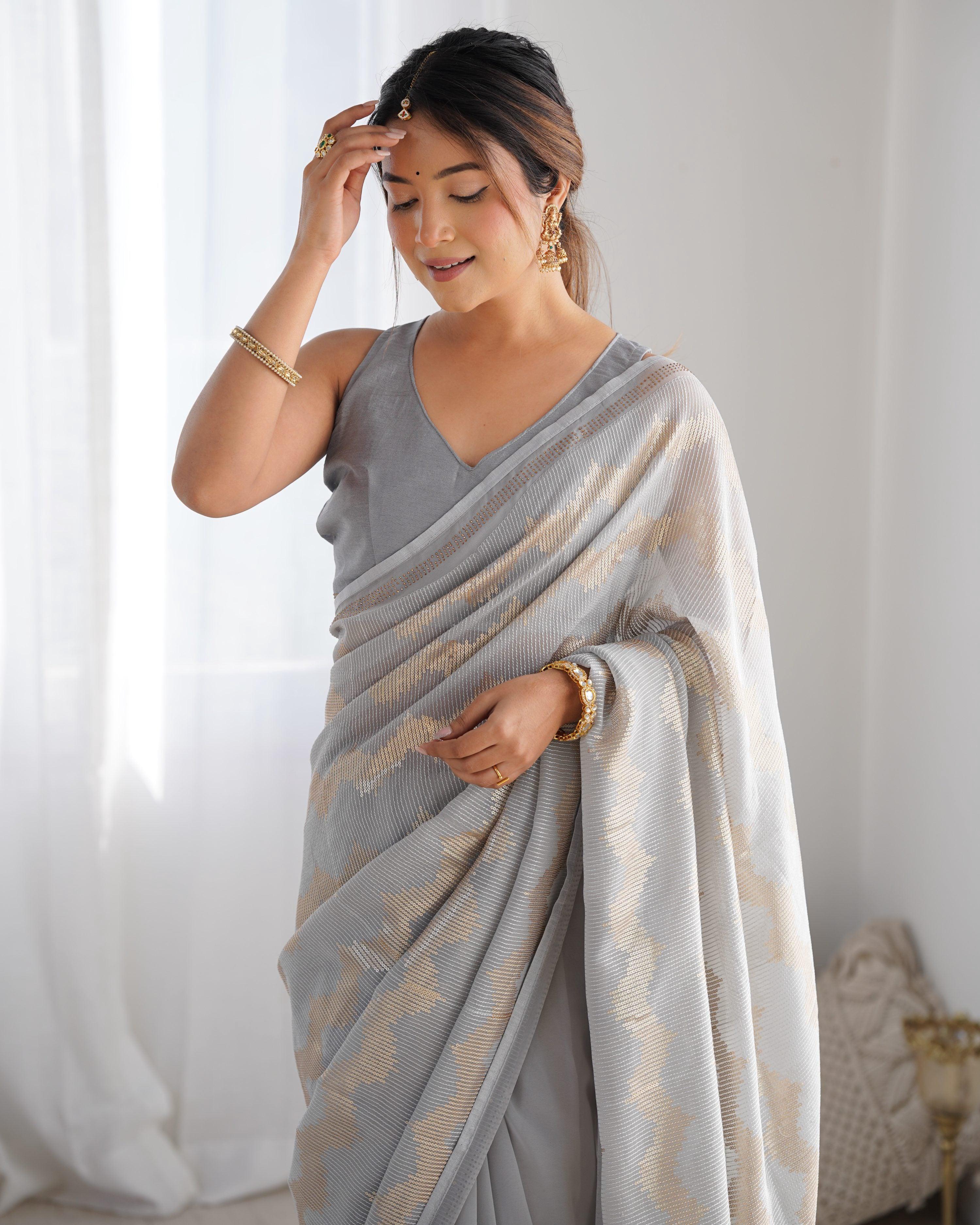 Jyoti Fashion Women's Grey Georgette Sequin Swarovski Designer Saree with Blouse - Distacart