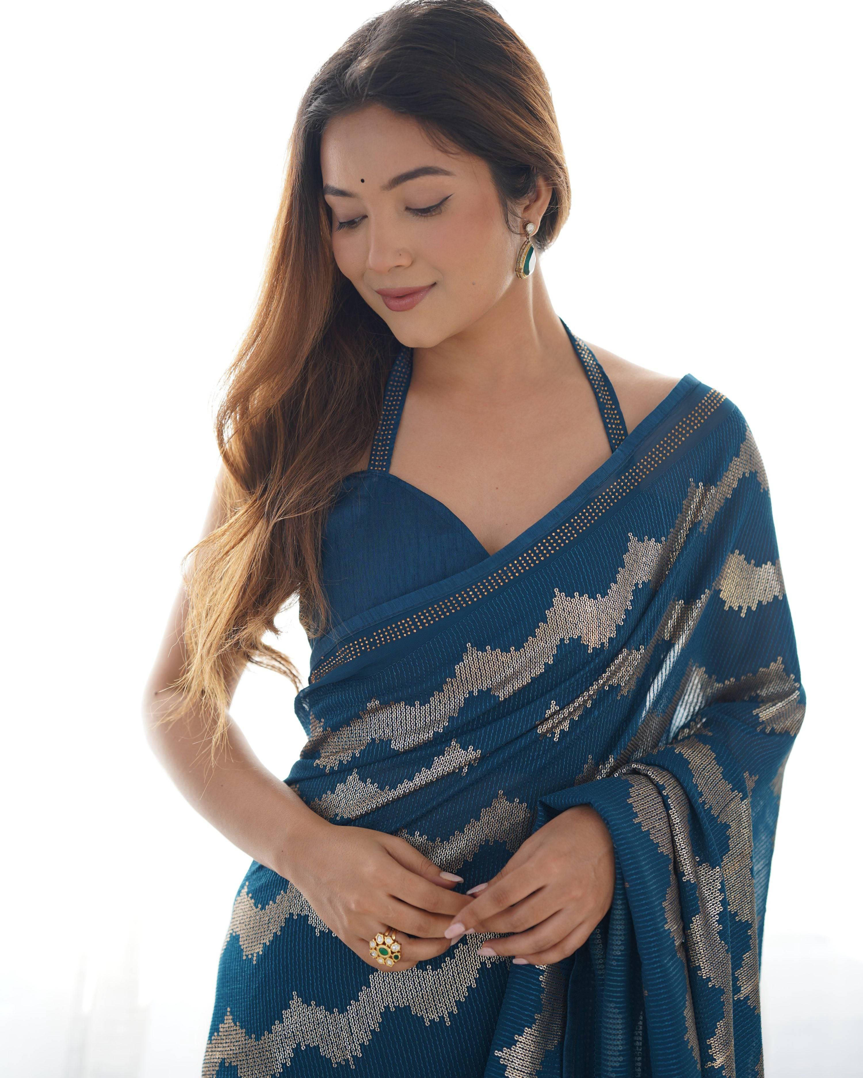Jyoti Fashion Women's Teal Georgette Sequin Swarovski Designer Saree with Blouse - Distacart