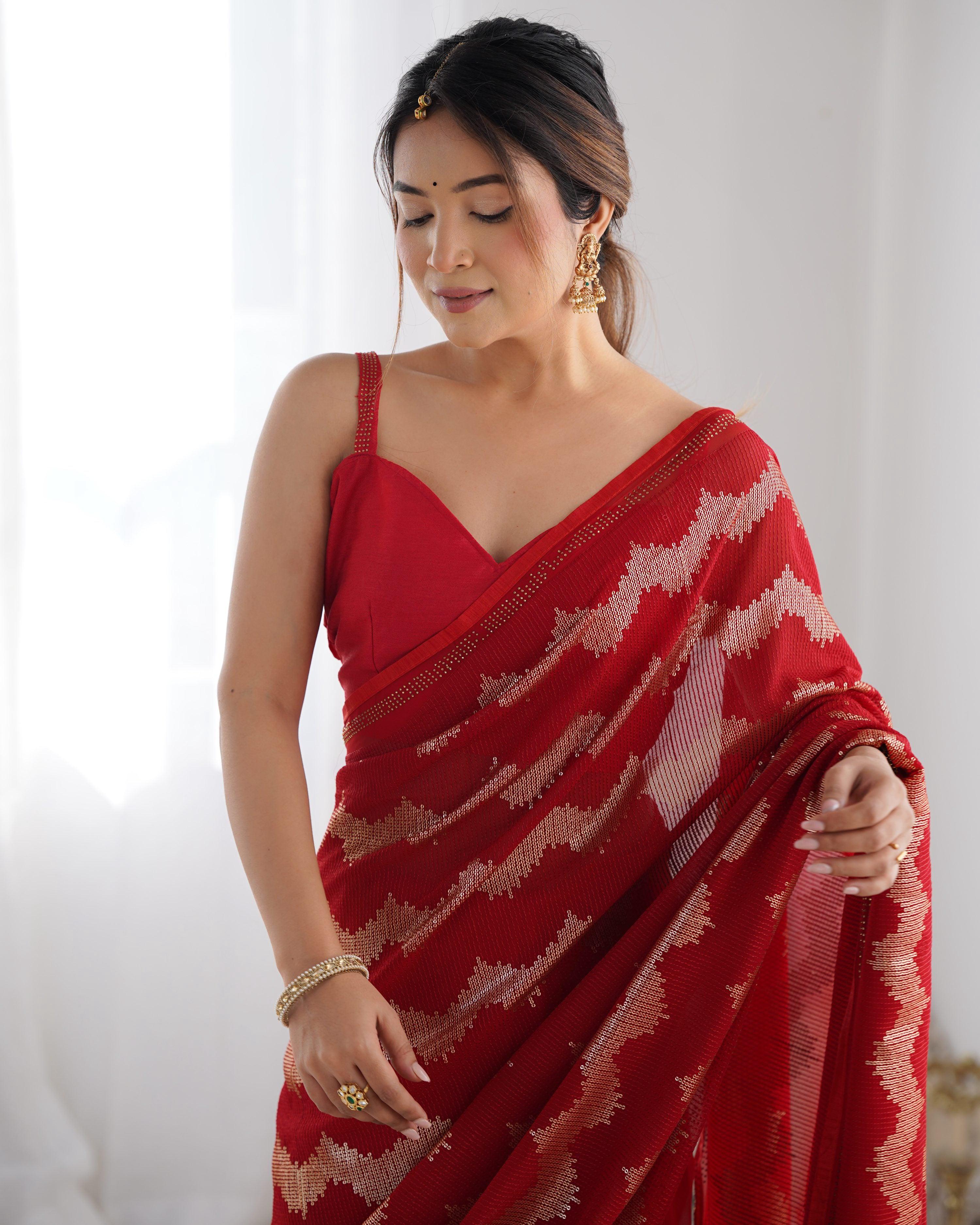 Jyoti Fashion Women's Red Georgette Sequin Swarovski Designer Saree with Blouse - Distacart