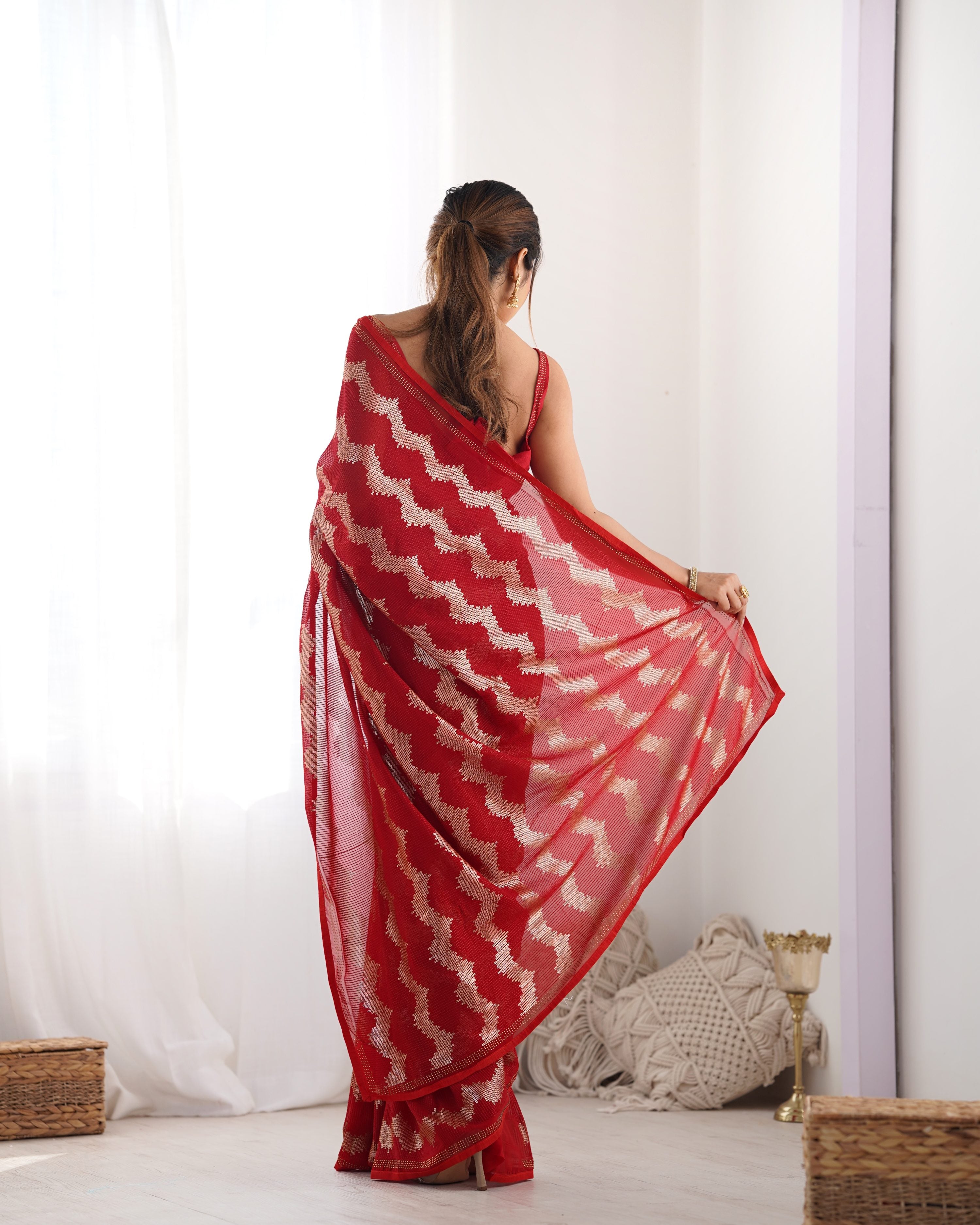 Jyoti Fashion Women's Red Georgette Sequin Swarovski Designer Saree with Blouse - Distacart