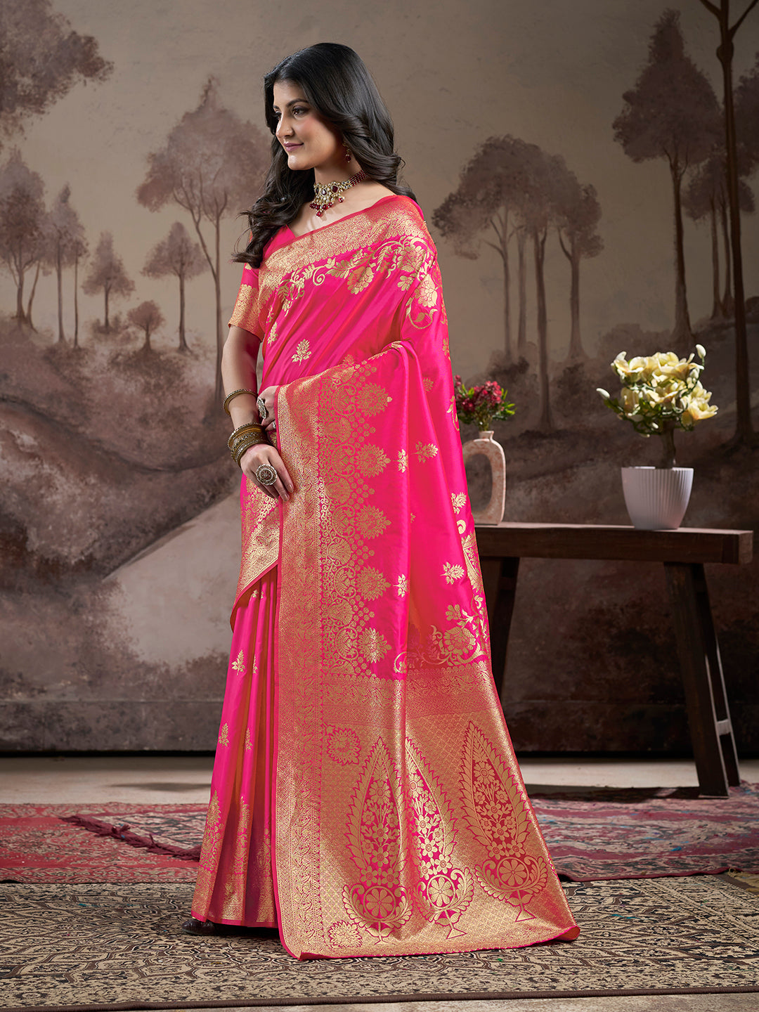 Jyoti Fashion Women's Pink Soft Lichi Silk Jacquard Traditional Saree with Blouse - Distacart