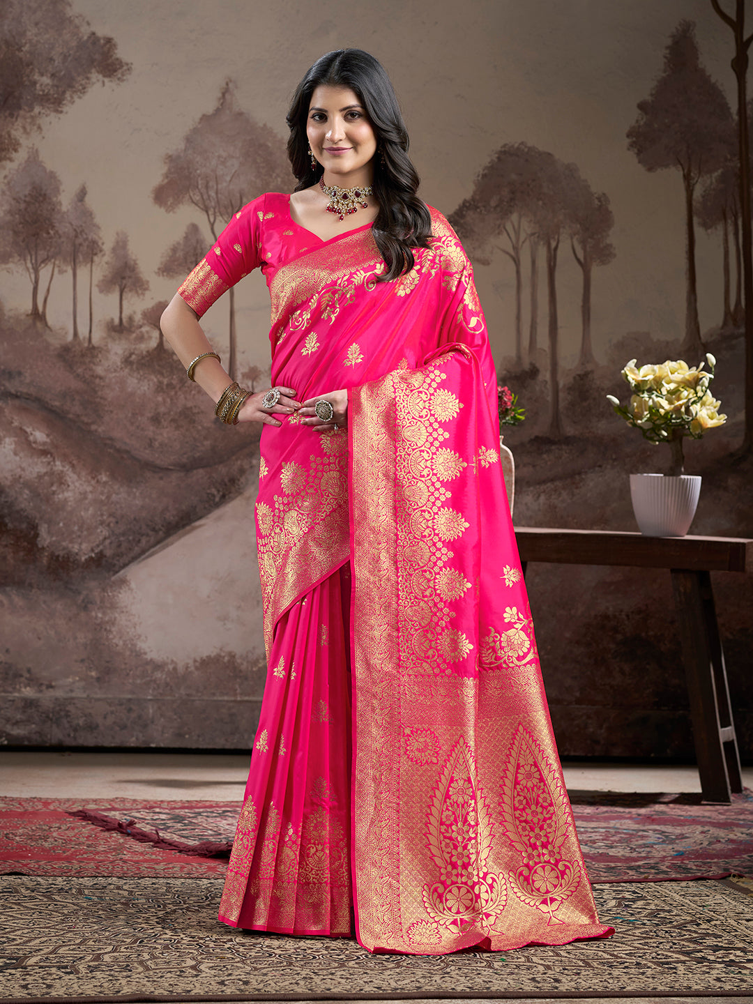 Jyoti Fashion Women's Pink Soft Lichi Silk Jacquard Traditional Saree with Blouse - Distacart
