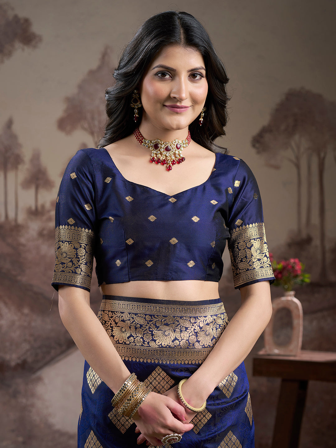 Jyoti Fashion Women's Navy Blue Soft Lichi Silk Jacquard Traditional Saree with Blouse - Distacart