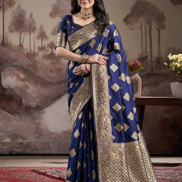 Jyoti Fashion Women's Navy Blue Soft Lichi Silk Jacquard Traditional Saree with Blouse - Distacart