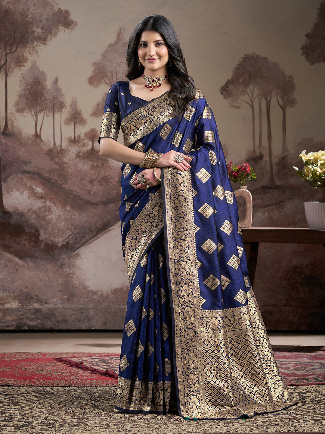 Jyoti Fashion Women's Navy Blue Soft Lichi Silk Jacquard Traditional Saree with Blouse - Distacart