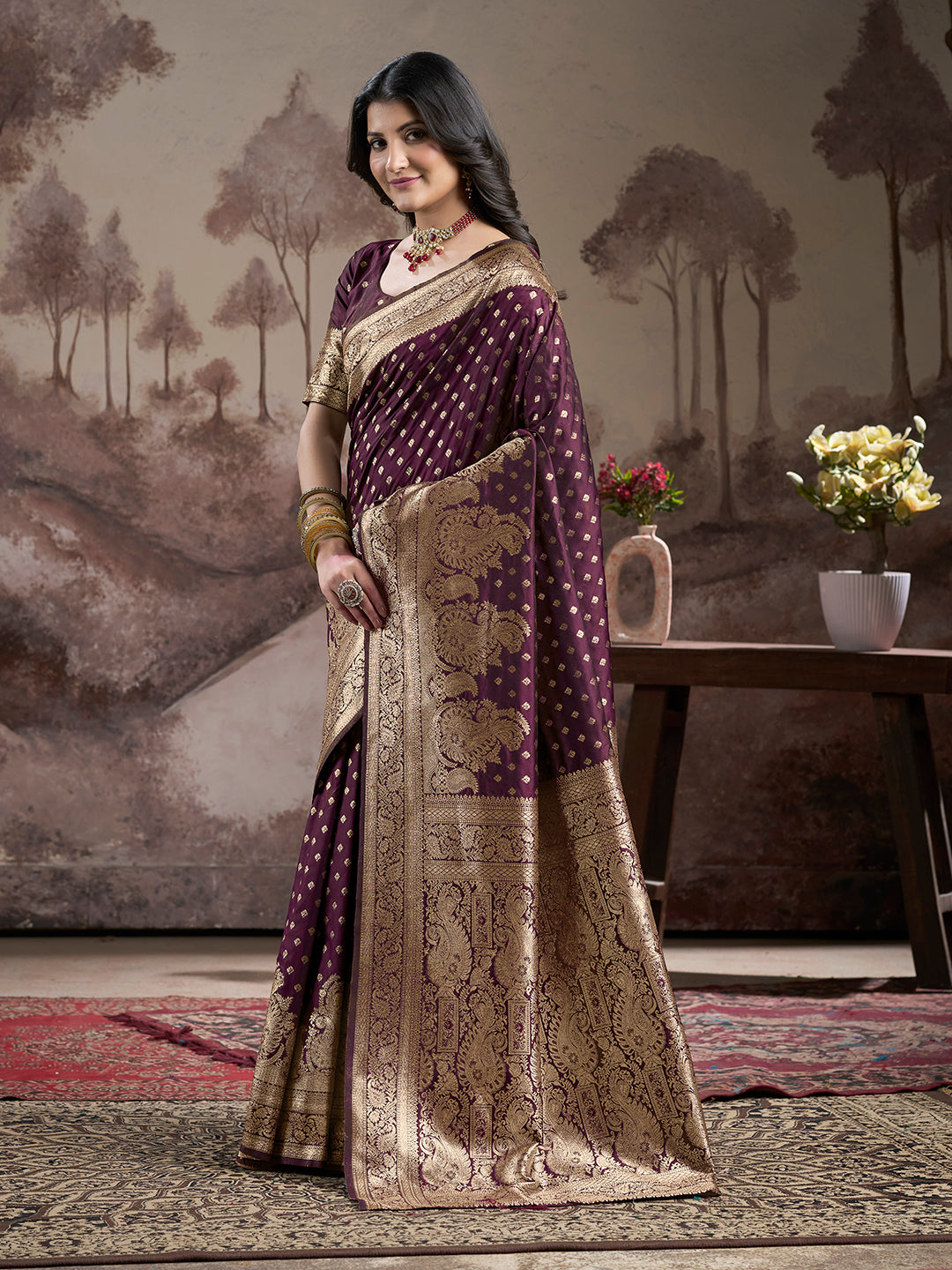 Jyoti Fashion Women's Wine Soft Lichi Silk Jacquard Traditional Saree with Blouse - Distacart