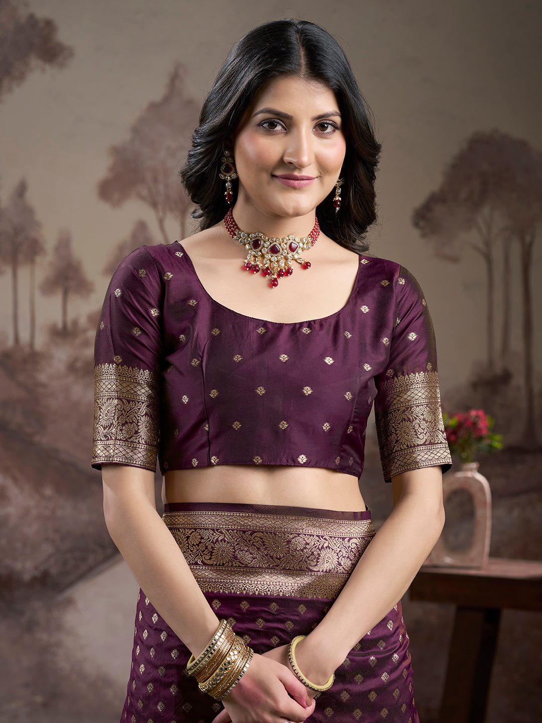Jyoti Fashion Women's Wine Soft Lichi Silk Jacquard Traditional Saree with Blouse - Distacart