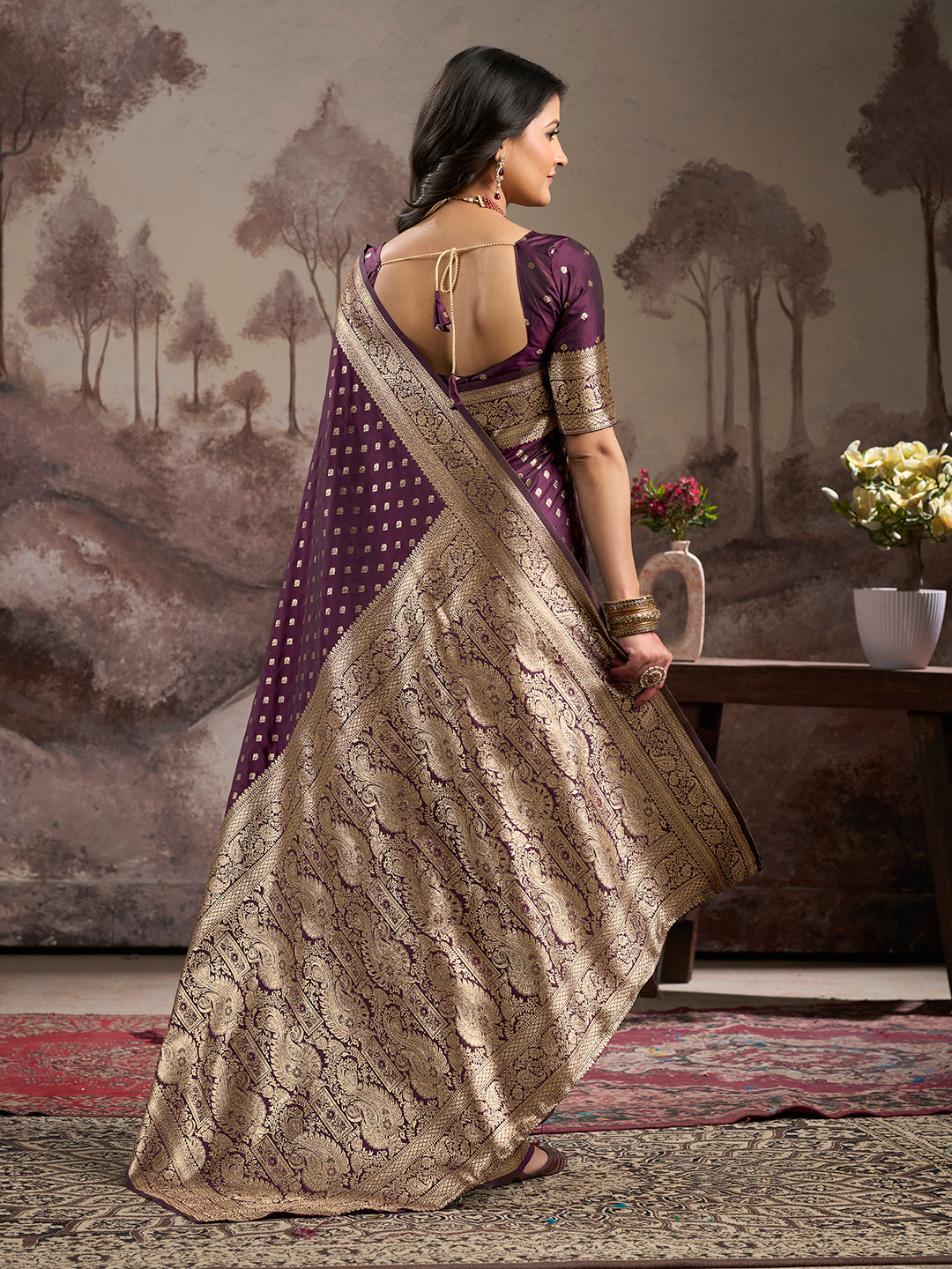Jyoti Fashion Women's Wine Soft Lichi Silk Jacquard Traditional Saree with Blouse - Distacart