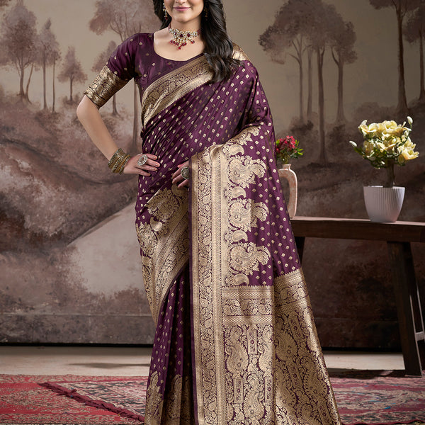 Jyoti Fashion Women's Wine Soft Lichi Silk Jacquard Traditional Saree with Blouse - Distacart