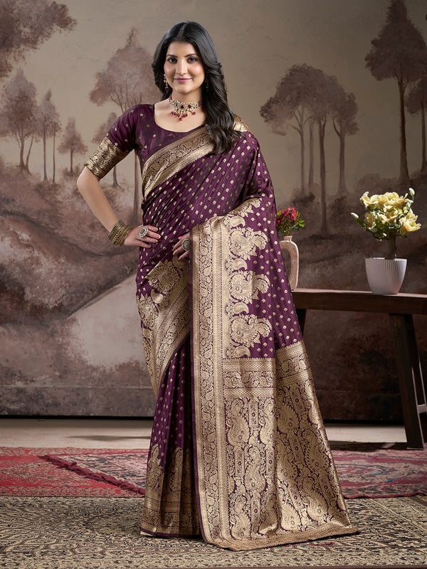 Jyoti Fashion Women's Wine Soft Lichi Silk Jacquard Traditional Saree with Blouse - Distacart