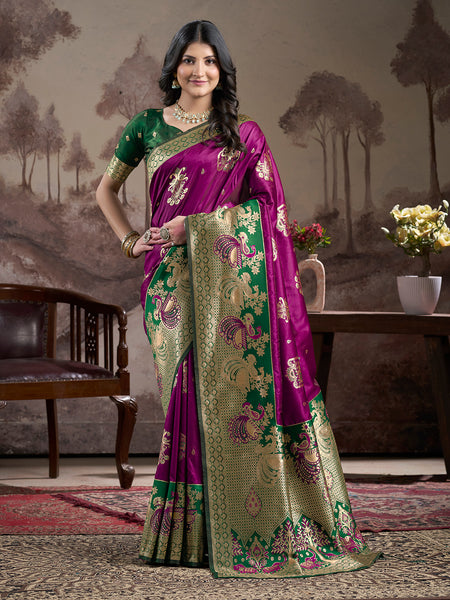 Jyoti Fashion Women's Purple Soft Lichi Silk Jacquard Traditional Saree with Blouse - Distacart