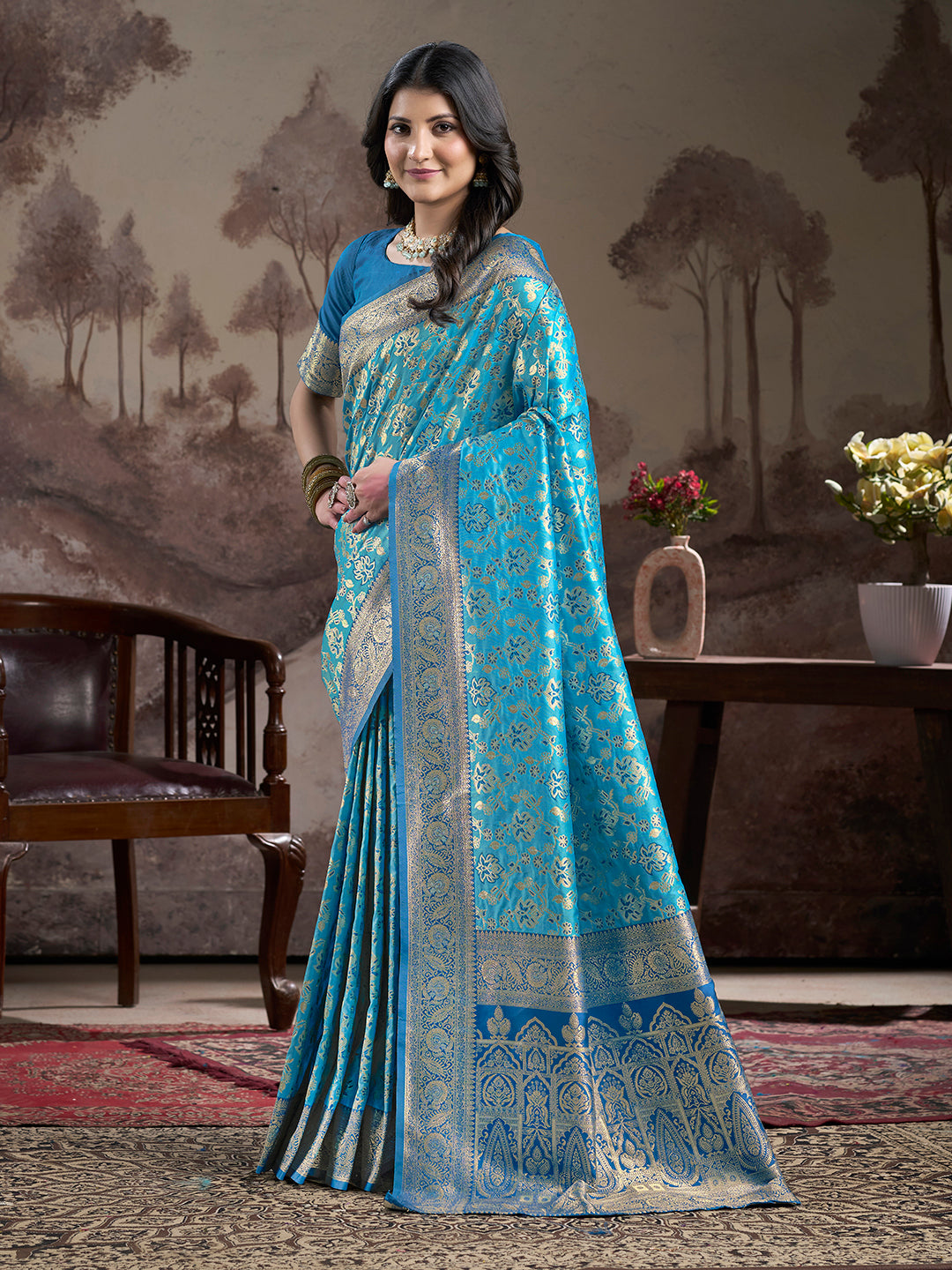 Jyoti Fashion Women's Sky Blue Soft Lichi Silk Jacquard Traditional Saree with Blouse - Distacart