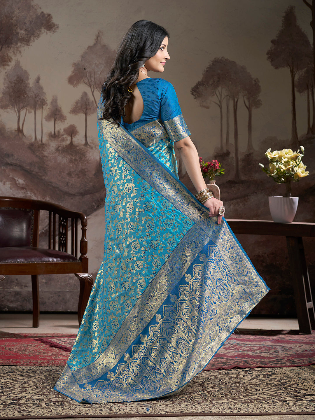 Jyoti Fashion Women's Sky Blue Soft Lichi Silk Jacquard Traditional Saree with Blouse - Distacart