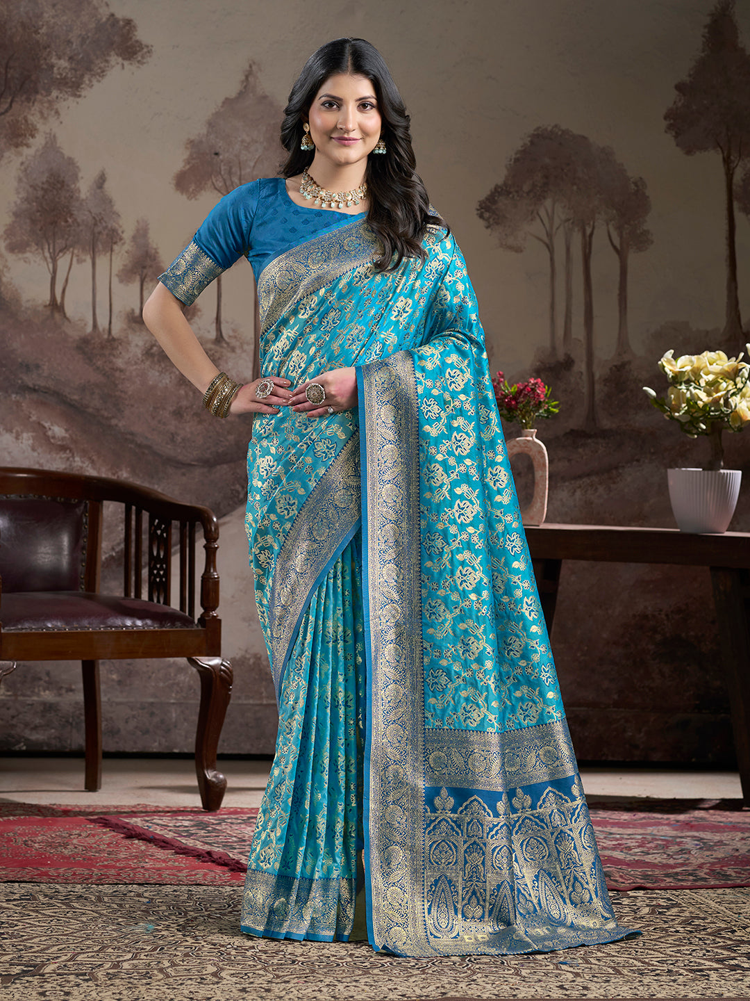 Jyoti Fashion Women's Sky Blue Soft Lichi Silk Jacquard Traditional Saree with Blouse - Distacart