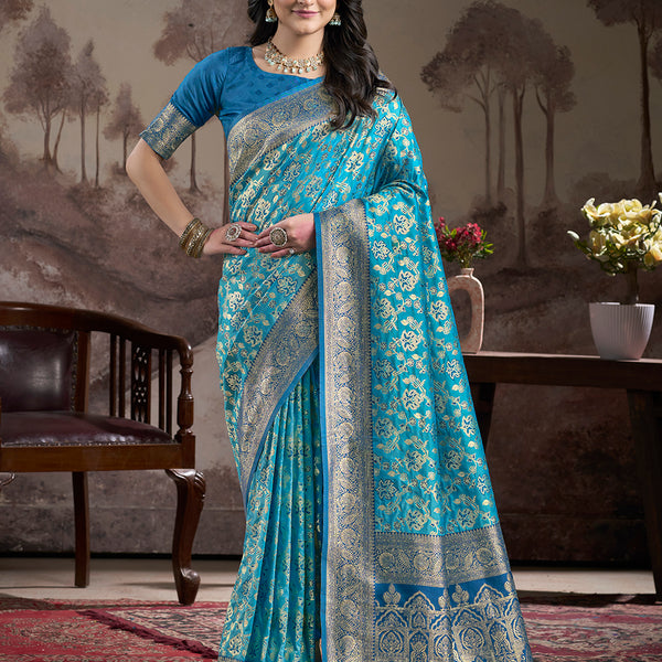 Jyoti Fashion Women's Sky Blue Soft Lichi Silk Jacquard Traditional Saree with Blouse - Distacart