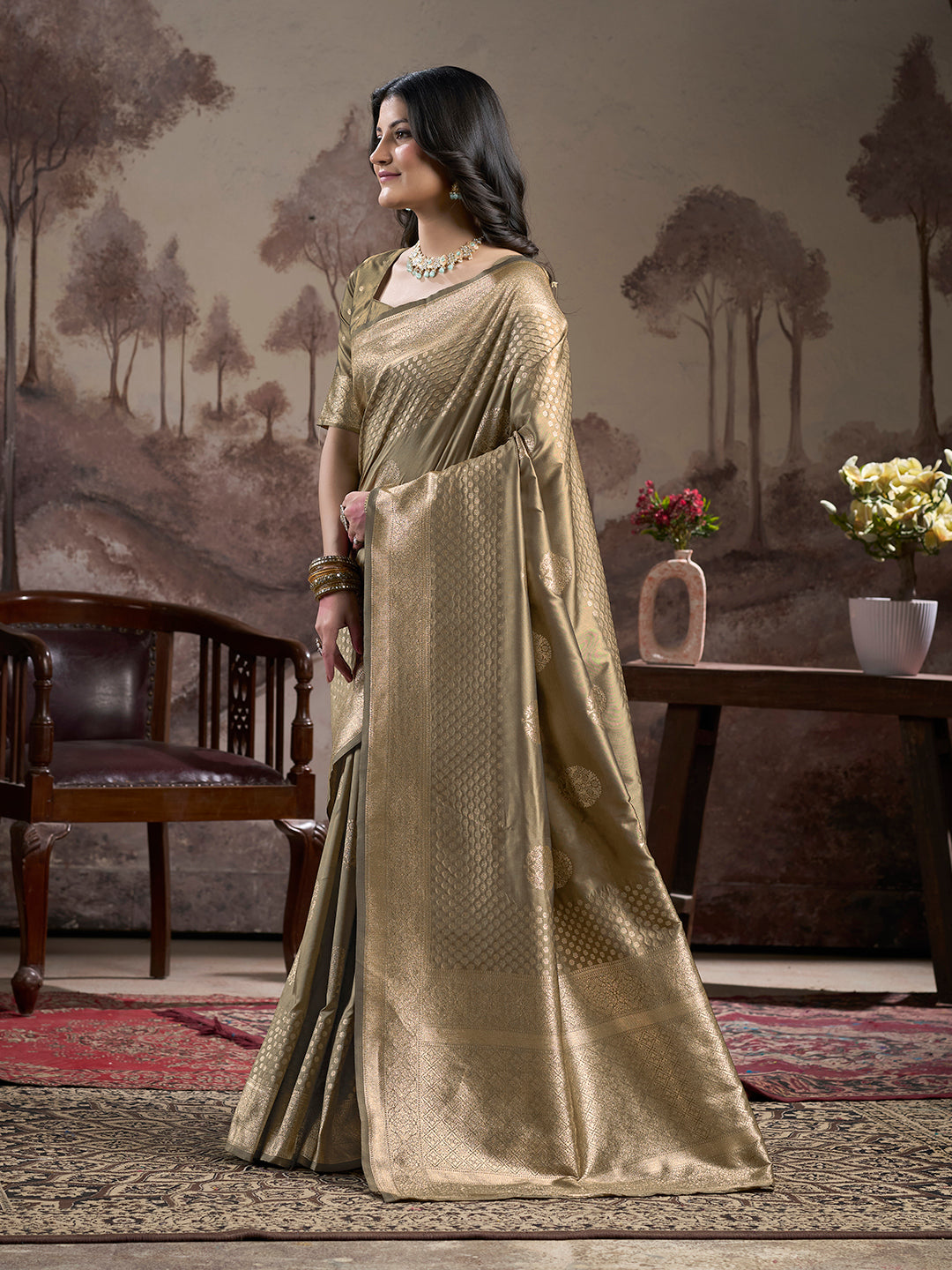 Jyoti Fashion Women's Beige Soft Lichi Silk Jacquard Traditional Saree with Blouse - Distacart