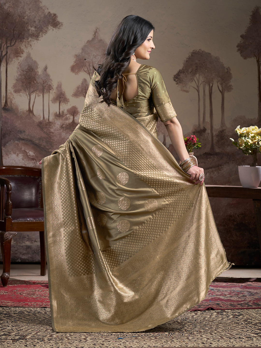 Jyoti Fashion Women's Beige Soft Lichi Silk Jacquard Traditional Saree with Blouse - Distacart