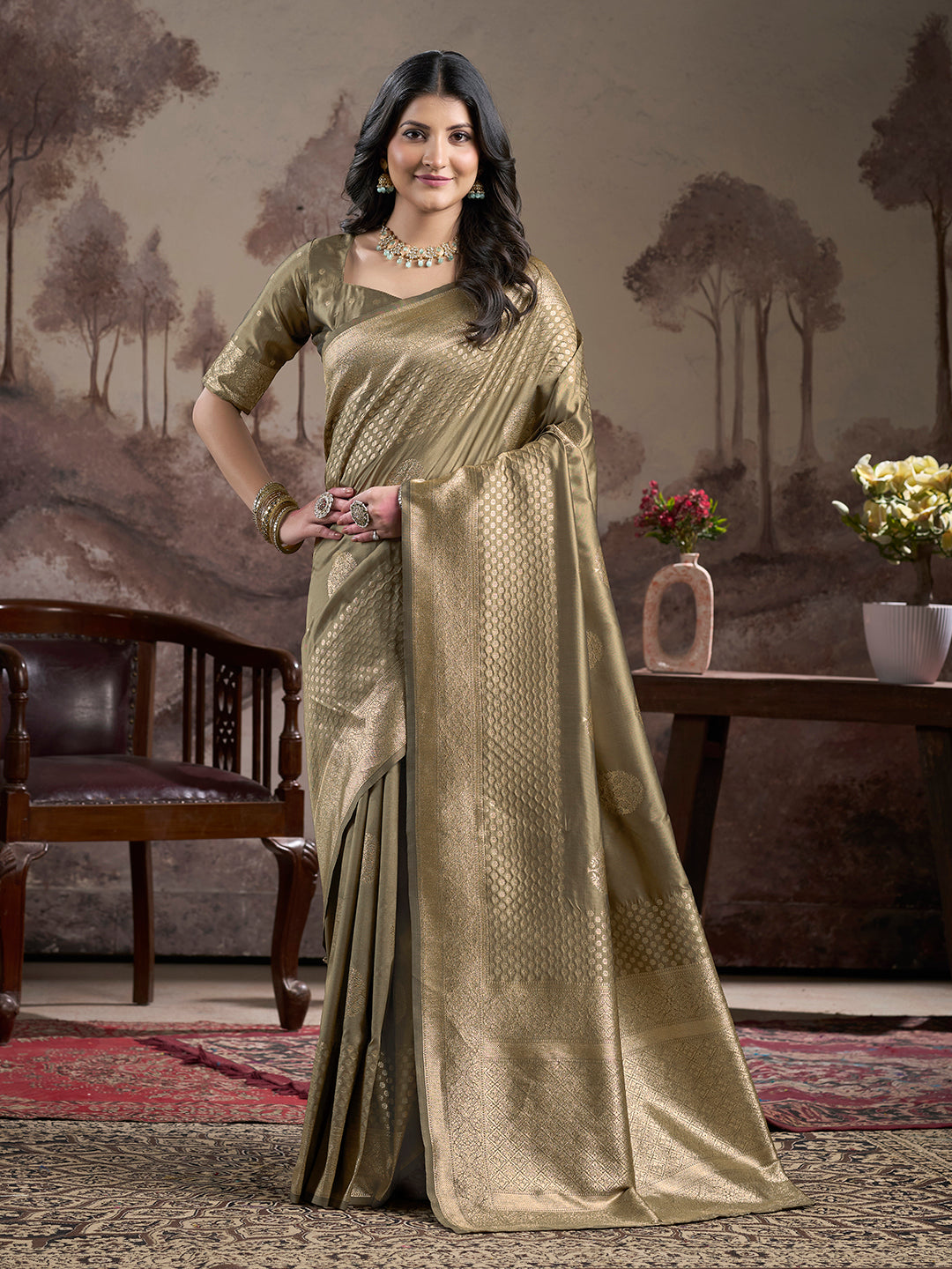 Jyoti Fashion Women's Beige Soft Lichi Silk Jacquard Traditional Saree with Blouse - Distacart