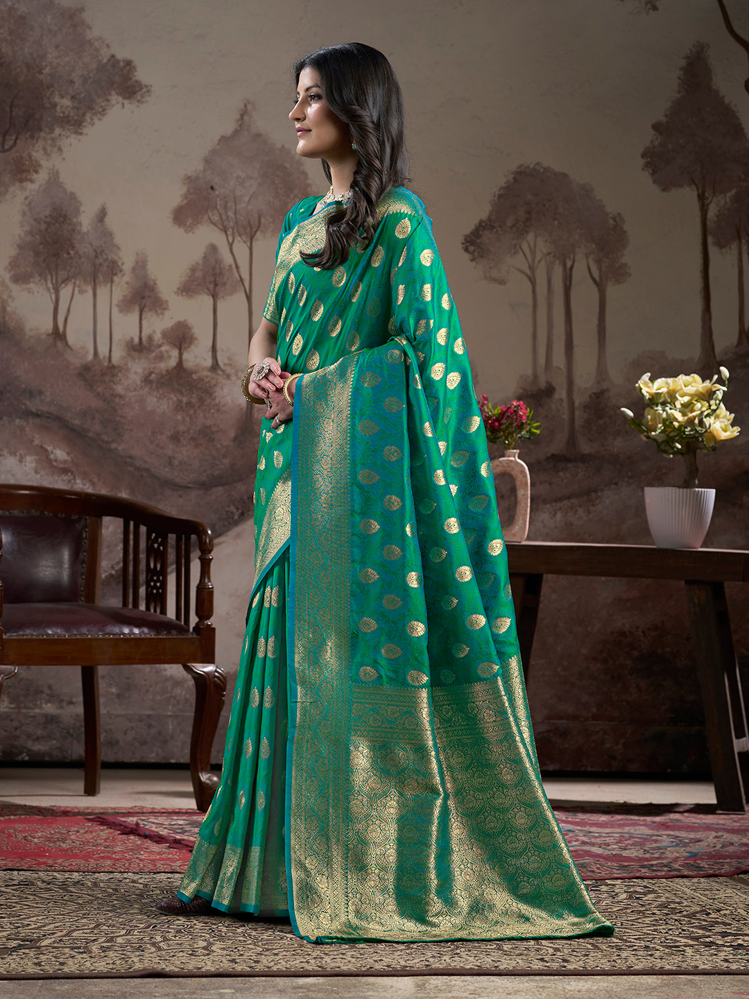 Jyoti Fashion Women's Green Soft Lichi Silk Jacquard Traditional Saree with Blouse - Distacart