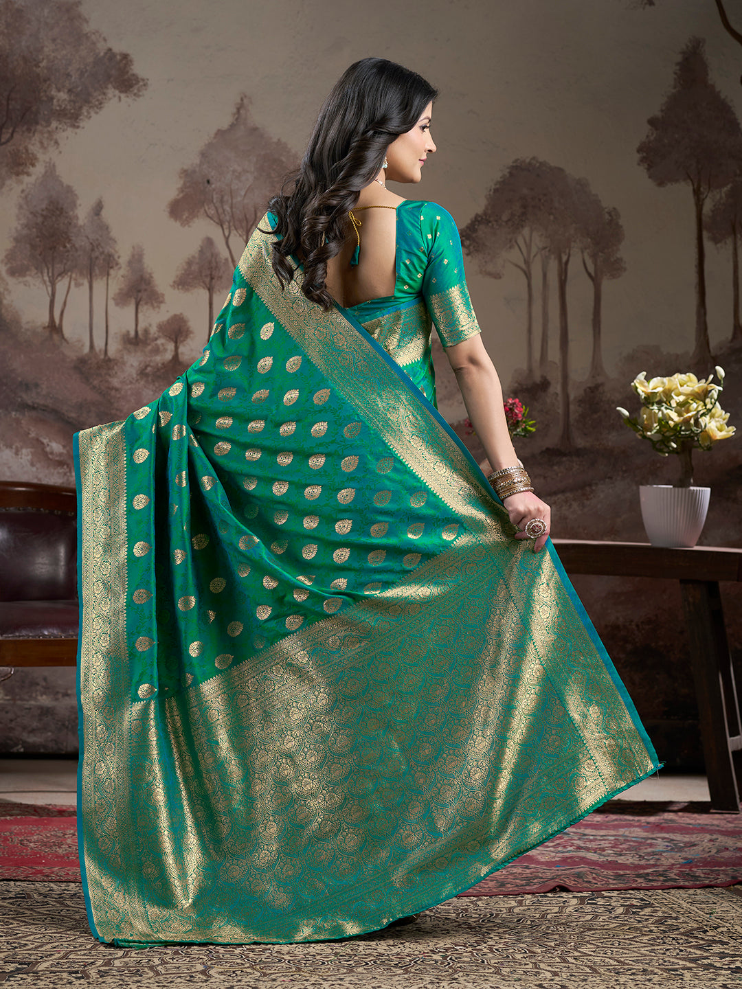 Jyoti Fashion Women's Green Soft Lichi Silk Jacquard Traditional Saree with Blouse - Distacart