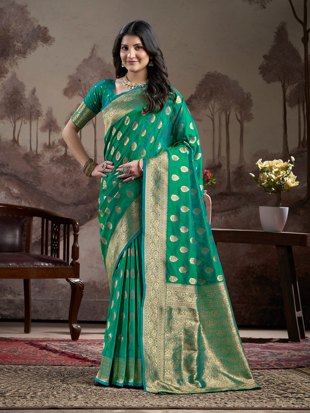 Jyoti Fashion Women's Green Soft Lichi Silk Jacquard Traditional Saree with Blouse - Distacart
