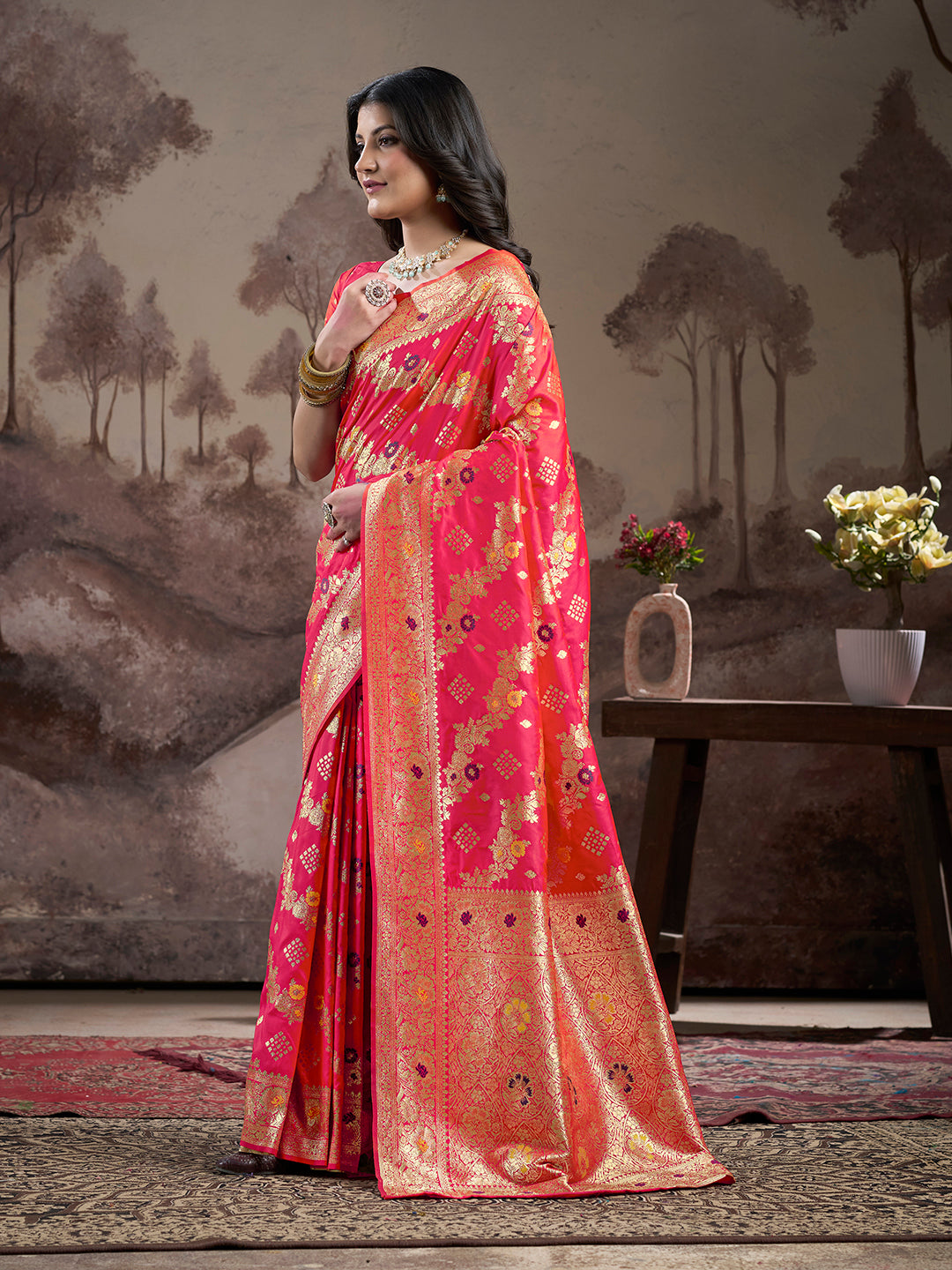 Jyoti Fashion Women's Red Soft Lichi Silk Jacquard Traditional Saree with Blouse - Distacart