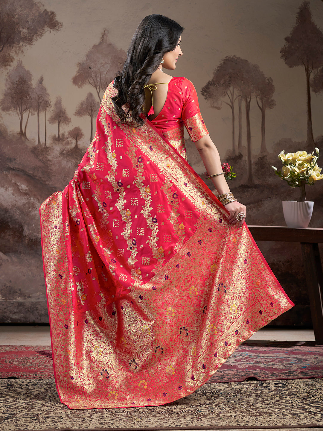 Jyoti Fashion Women's Red Soft Lichi Silk Jacquard Traditional Saree with Blouse - Distacart
